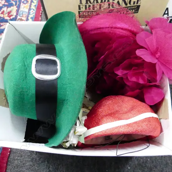 BOX OF 1940S LADIES HATS HEARTSHAPED BEADED WAR SOUVENIR FROM EGYPT. BEADED CUSHION AND EMBROIDERY