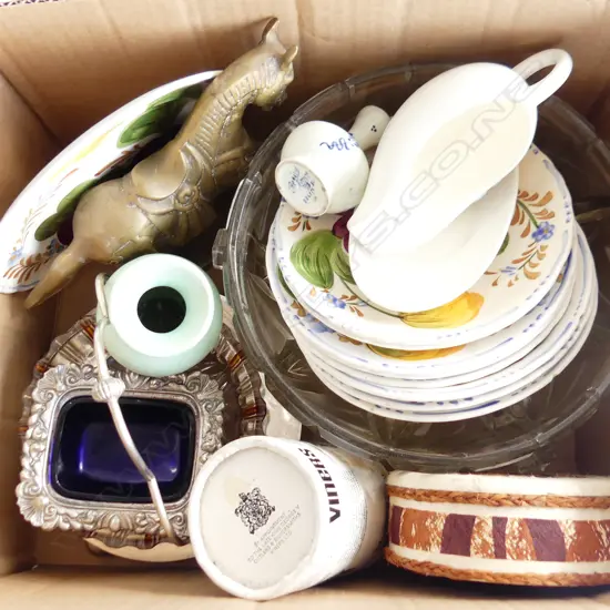 SMALL BOX LOT CHINA GLASS BRASS HORSE ETC