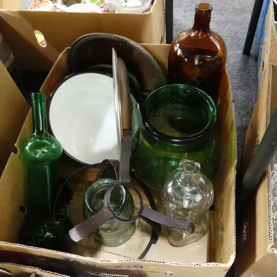 BOX LOT GLASS BOTTLES, COPPER ETC