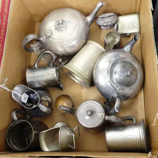 BOX SILVER PLATE INCLUDING TEAPOTS TANKARDS JUGS ETC 