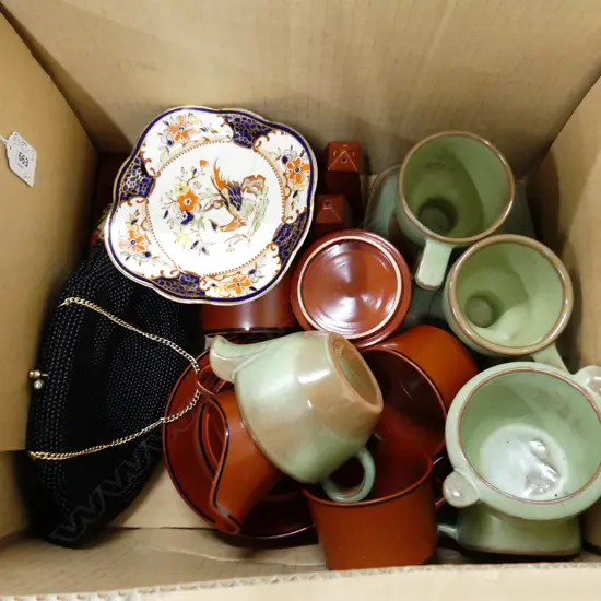 BOX OF EARTHENWARE POTTERY BY FRANKOMA & BY ROYAL WORCESTER CROWN WARE PLUS PLATE & 4 EGGCUPS BY BURSLEM  & BLACK PURSE