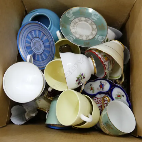 BOX LOT CHINA MANY CUPS SAUCERS ETC 