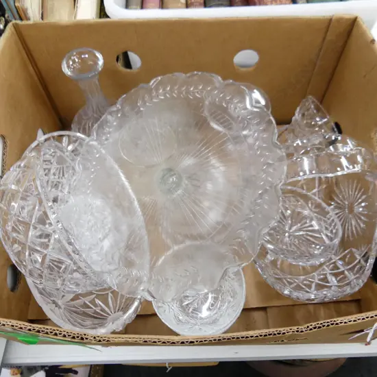 LARGE BOX LOT OF CRYSTAL TAZZA ETC. 
