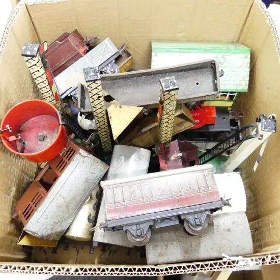 BOTH RARE & NOT SO RARE HORNBY TIN TRAIN ROLLING STOCK + BUILDINGS + SIGNALS ETC;