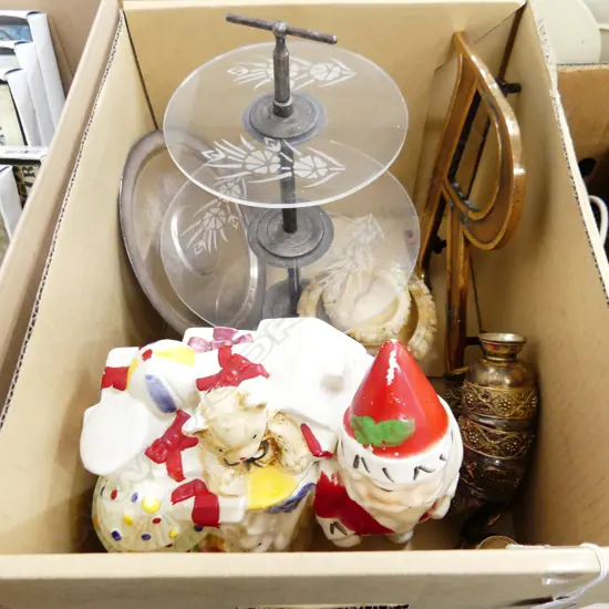 BOX LOT. INCLUDES 3 TIER PESPEX CAKE PLATE 2 SMALL MARBLE BIRD BATHS  SANTA BISQUIT BARREL 6 SILVER CUPS AND TRAY
