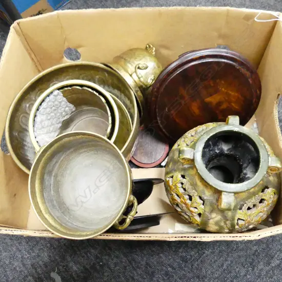 BOX LOT OF SMALL BRASS JARDINIERES RETICULATED CERAMIC VASE ETC 