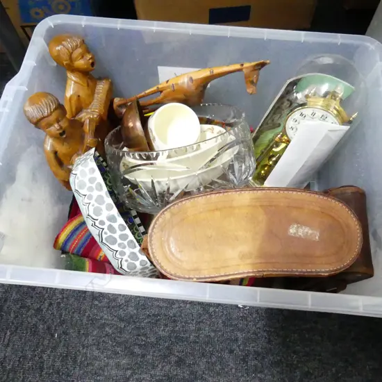 BOX LOT WOOD CARVINGS, SCHATZ DOME CLOCK, BINOCULARS ETC