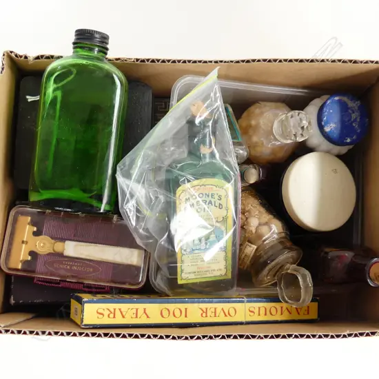 BOX COLLECTABLE SMALLS: MINI BOTTLES PERFUME ETC + SHAVING GEAR + BOXED PENCILS ETC