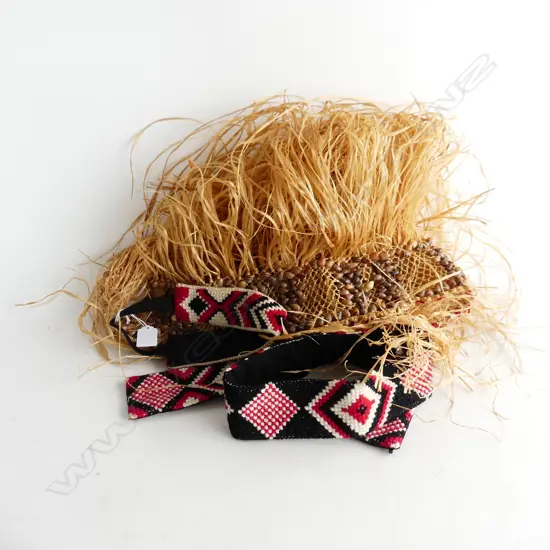 GRASS SKIRT w. SHELLS & 2 MAORI EMBROIDERED BANDS