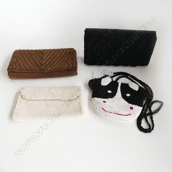 THREE BEADED CLUTCH PURSES AND A BEADED COW SHOULDER BAG