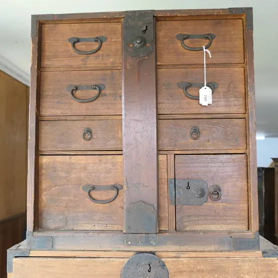 OLD c1900 JAPANESE CABINET 6 drawers w orig locking bar. H.480mm.