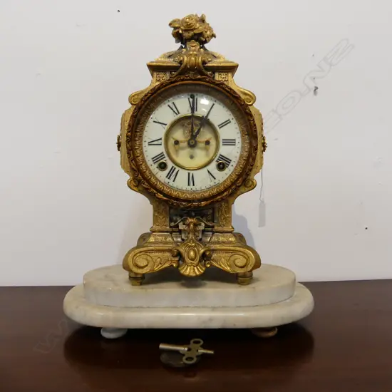 GILDED ANSONIA MANTLE CLOCK, MARBLE BASE & PENDULUM