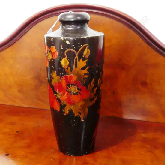 TALL POKERWORK VASE FLORAL DECOR H.470mm AND OLD PRINTERS  TRAY 
