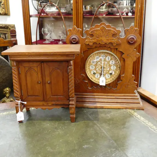 ANSONIA GINGER BREAD CLOCK H.350mm + SMALL WOODEN CABINET H.270mm