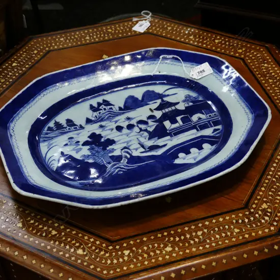 18th/19thC CHINESE LARGE PORCELAIN B & W OCTAGONAL ASHET WILLOW TYPE PATTERN 390X320mm