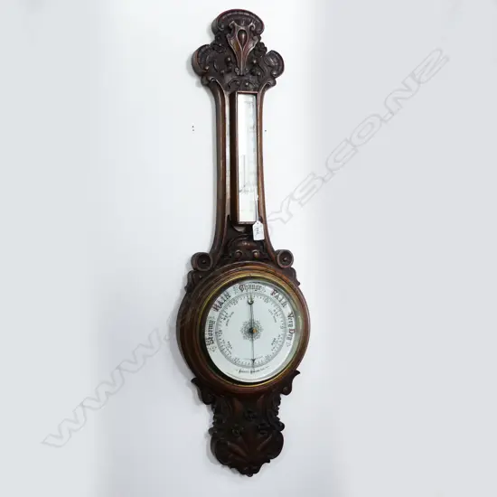 QUALITY 1920'S CARVED OAK FRAMED BAROMETER banjo wall type w thermometer