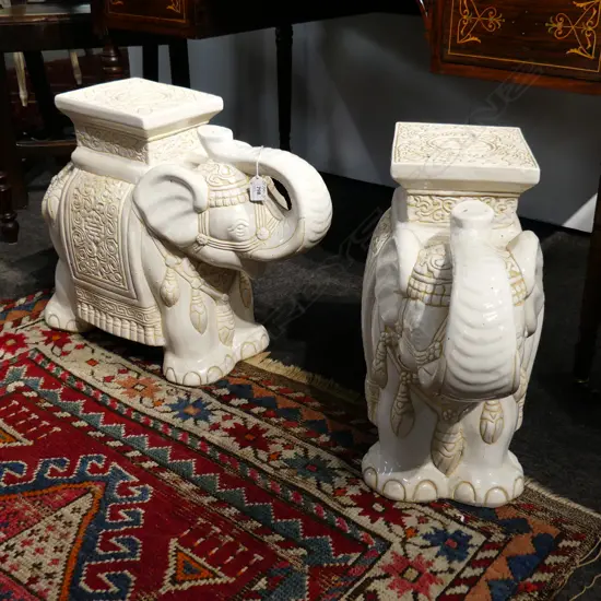 PR WHITE GLAZED ELEPHANT STOOLS/SEATS GOLD HIGHLIGHTS H.420mm