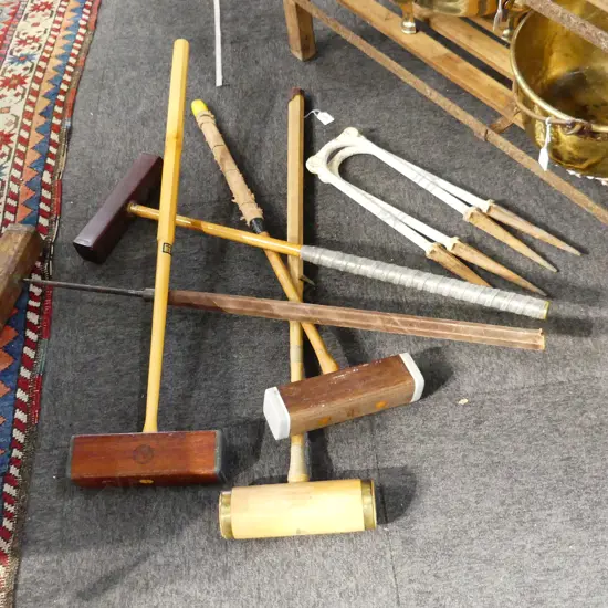 5 ASST. WOODEN POLO MALLETS + PR ANTIQUE CAST IRON CROQUET HOOPS
