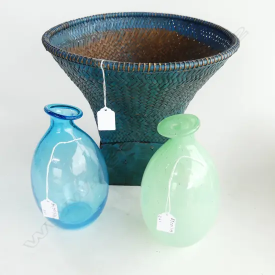 2 ART GLASS BOTTLES + BLUE PAINTED CANE CONTAINER H.280mm