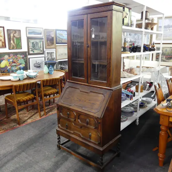 1930's JACOBEAN OAK LEADITE BOOKCASE BUREAU block molded detail barley twist legs H.1900 W.760mm w key