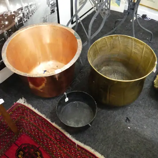 LARGE OLD COPPER 400X H.540mm BRASS WOODBIN 430XH.400mm & CAST IRON TRYG 260XH.160mm