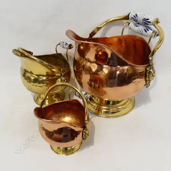 3 BRONZE / COPPER COAL SKUTTLES H.370mm