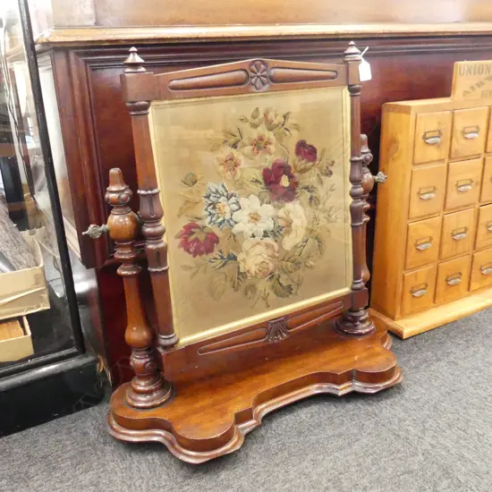 VICTORIAN EMBROIDERY IN MAHOGANY FRAME 700x260x725mm