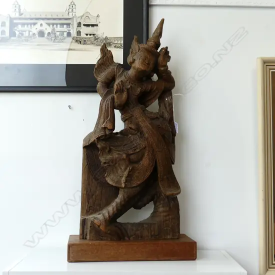 CARVED WOODEN THAI FIGURE ON STAND H.710mm