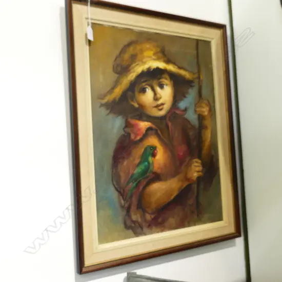 4 ARTWORKS; 3 OIL ON CANVAS VILLAGE SCENES 295x220mm + SIGNED BOY PORTRAIT 590x445mm