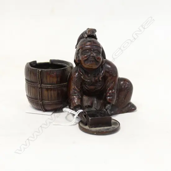 ANTIQUE JAPANESE METAL FIGURE w. RAT & BASKET (MISSING LID) W.100mm