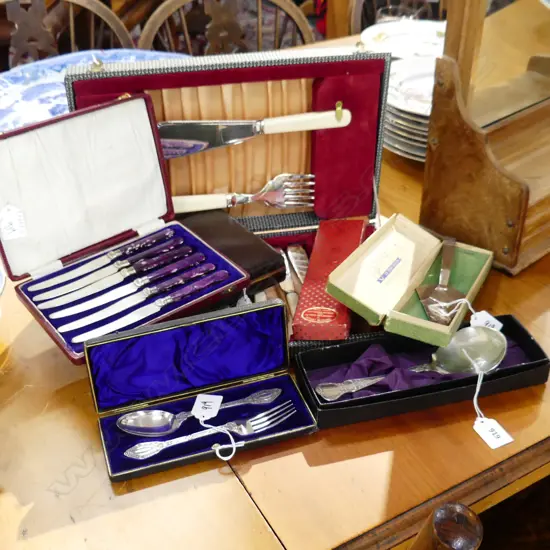 SEVEN LOTS BOXED CUTLERY. TWO RODD SERVERS BOXED FISH SET TESPOONS ETC  