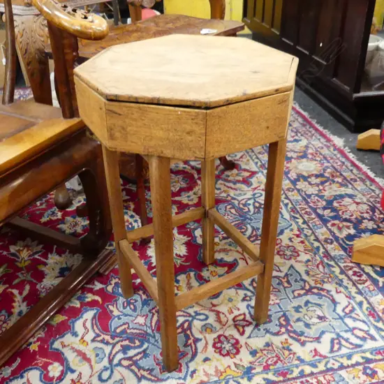 VINTAGE OAK OCTAGONAL SEWING TABLE w. SLIDING TOP 410mm dia H.670mm