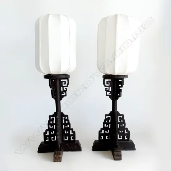 PAIR CHINESE ANTIQUE CARVED WOOD LAMPSTANDS WITH LINEN SHADES (PROPS FROM CROUCHING TIGER HIDDEN DRAGON) H.670 incl shde