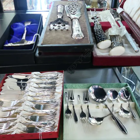 FIVE LOTS BOXED CUTLERY. INCLUDES KINGS PATTERN FORKS AND SERVERS . CARVING SET WITH ANTLER GRIPS