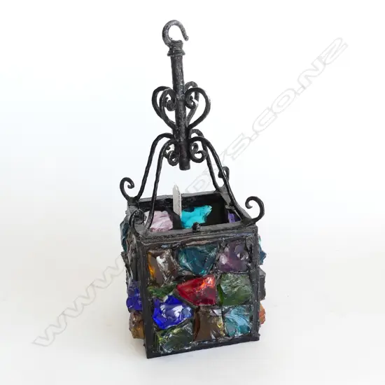 OLD HANGING LAMP LIGHT; CAST IRON AND COLOURED PEBBLED GLASS 