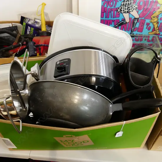 BOX KITCHEN WARE: crock pot. kettle. leather wine bottle holder etc