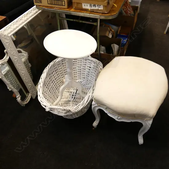 5 WHITE PAINTED PCES; 2 MIRRORS 1000x680mm, TABLE, BASKET, OTTOMAN