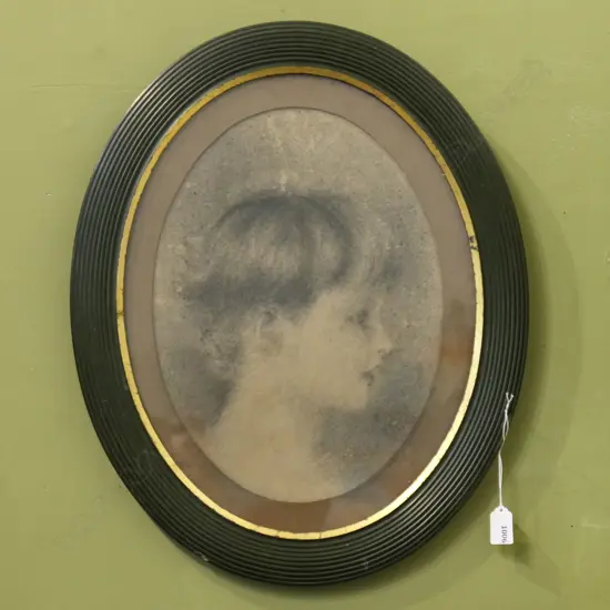 ORIGINAL CHARCOAL SKETCH OF YOUNG GIRL IN OVAL REEDED FRAME 435X550mm