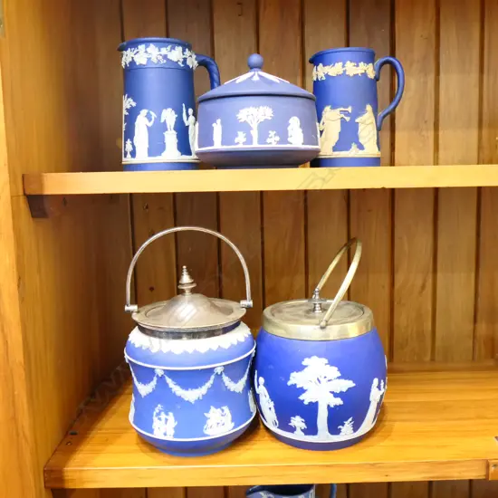 BOX LOT WEDGWOOD JASPERWARE TWO BISQUIT BARRELS JUGS ETC. 