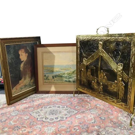 3 ITEMS: BRASS FIRESCREEN OF MAORI KAINGA (VILLAGE ), ND CONNELL 'WAIHEKE' W/COLOUR, RENOIR PRINT