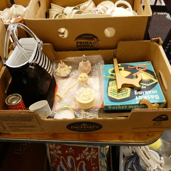BOX LOT IVORY PUZZLE BALL, LIDDED CONTAINER, 2 DRESDEN LADIES, ART GLASS BAG, COMPLETE PRE PATENT MONOPOLY GAME SET