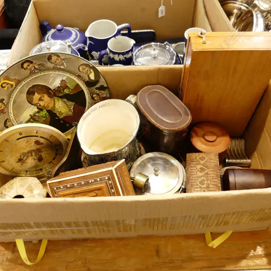 BOX LOT ROYAL DOULTON, BINOCULARS, WOODEN BOXES, CLOCK ETC