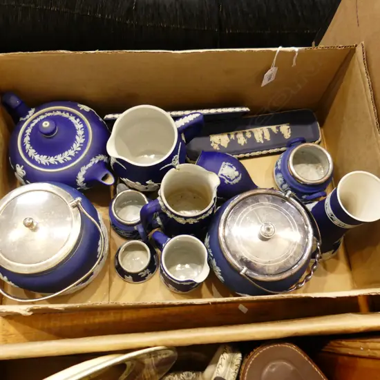 BOX LOT OF WEDGWOOD JASPERWARE TWO BISQUIT BARRELS TEAPOT JUGS ETC 