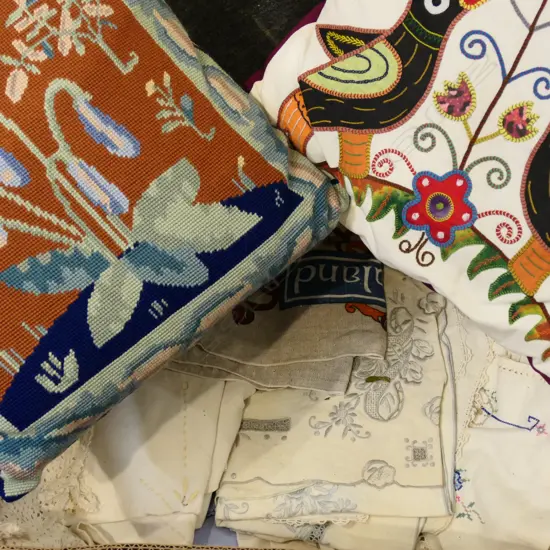 BOX LOT ASST. LINENS + 3 CUSHIONS