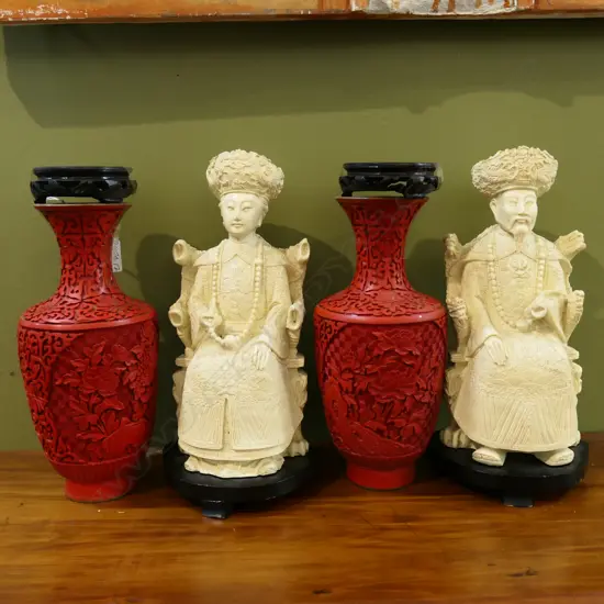 TWO CINNABAR TYPE CHINESE VASES ON STANDS H.290mm & TWO RESIN CHINESE FIGS MALE FEMALE COURT TYPES. H.310mm