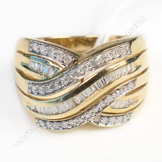 9CT GOLD DIAMOND CHANEL SET BAND RING WITH BAGUETTE DIAMONDS 6gms