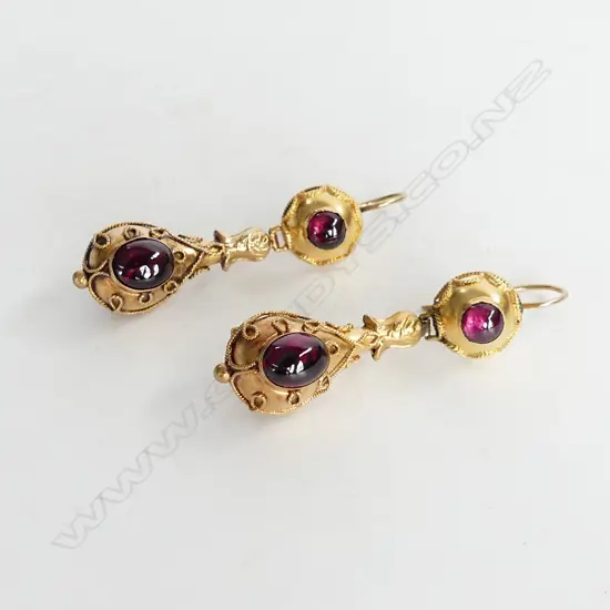 Pr Victorian 15CT GOLD FANCY DROP EARRINGS W ALMADINE GARNETS