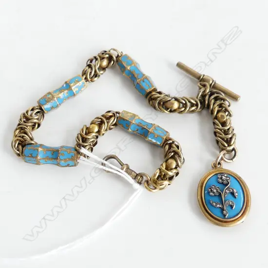15CT GOLD (tested)VICTORIAN & blue ENAMEL ALBERT CHAIN 31Gms. Some faults to enamel