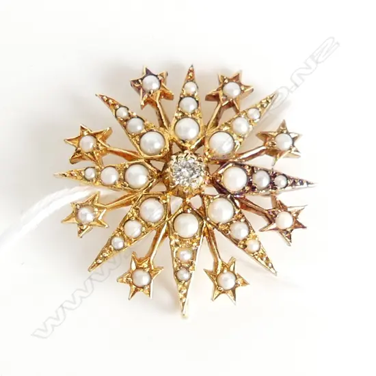 15ct GOLD EDWARDIAN STAR PENDANT/BROOCH, SEED PEARLS & DIAMOND