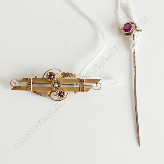 15ct GOLD STICK PIN w RUBY? & 9ct GOLD BAR BROOCH w SEED PEARLS & RUBYS 